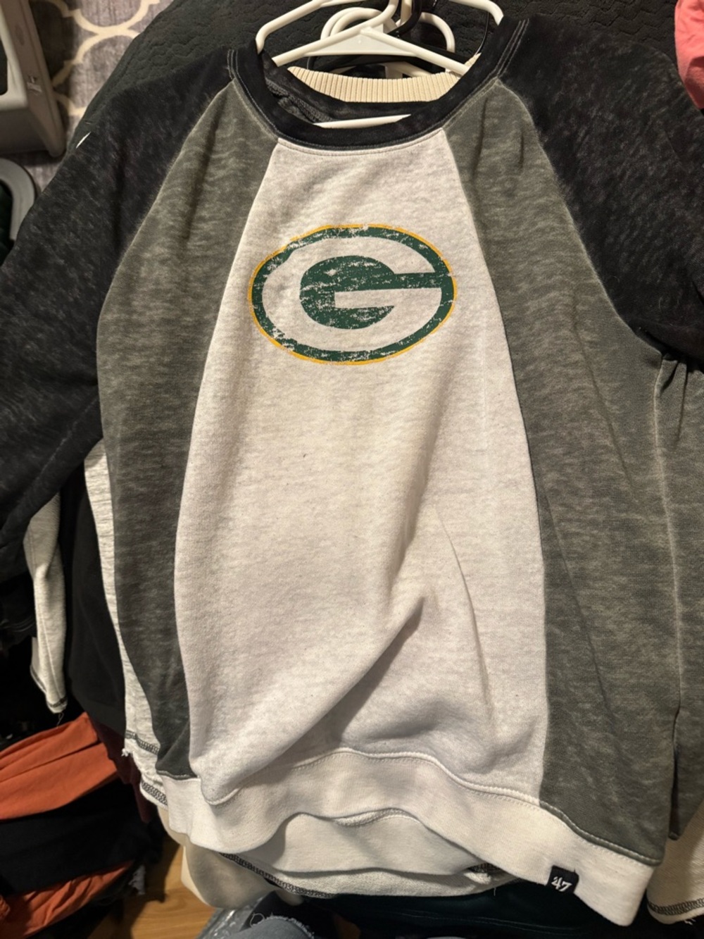 '47 Brand Green Bay G Logo Raglan Crewneck Sweatshirt - Gray, White, Green, Gold